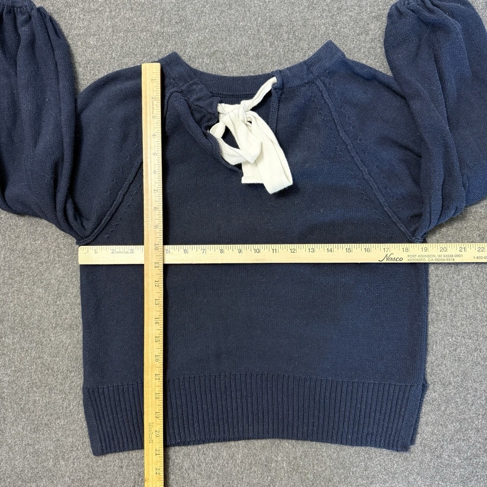 Anthropologie Navy Tie Neck Knit Sweater Top Blouson Sleeve M - Picture 4 of 7
